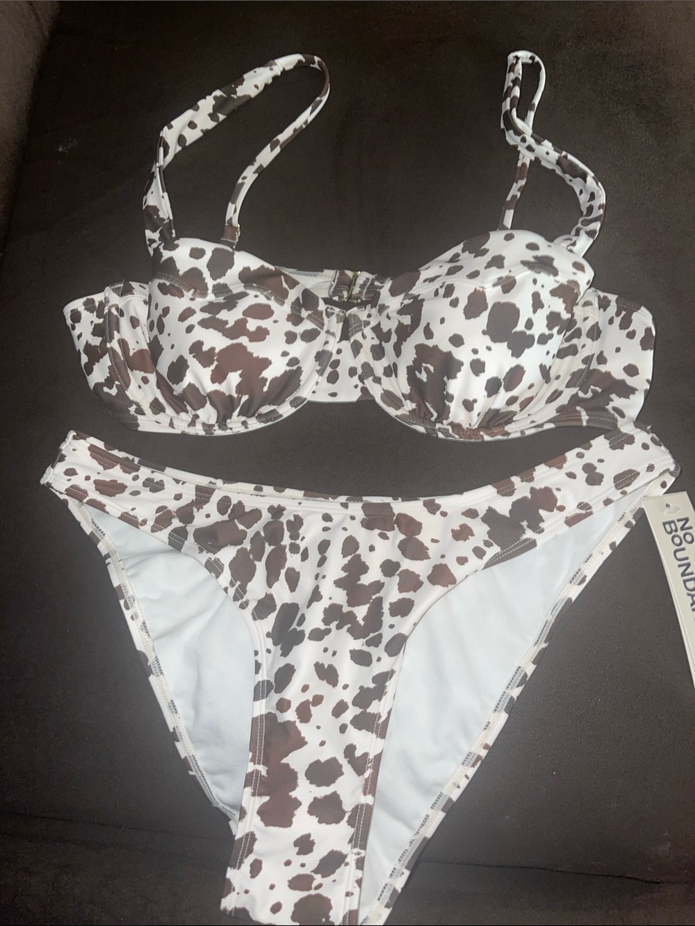 No Boundaries White Bikini Set with Brown Cow Spot Print